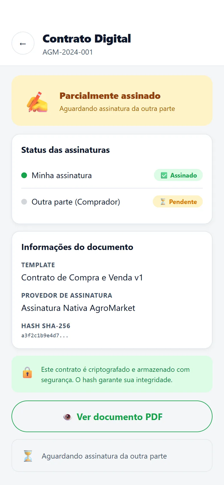 Tela de contrato digital do AgroMarket